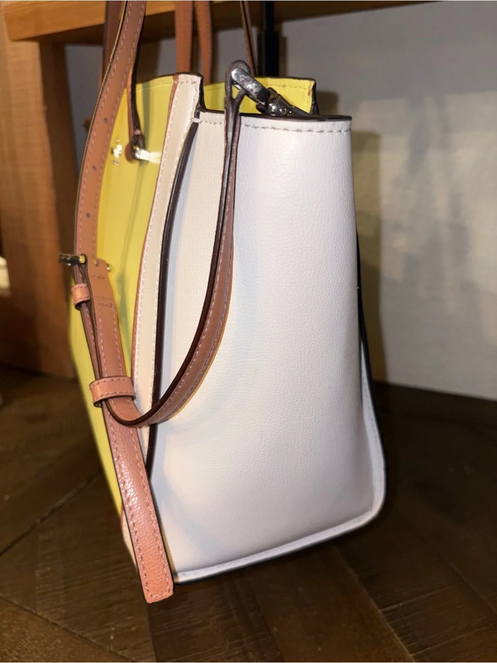 kate spade Yellow and White Colorblock Leather Tote with Brown Handles